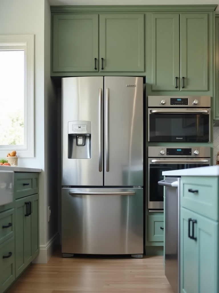 Modern kitchen with stainless steel Energy Star appliances against sage green cabinets