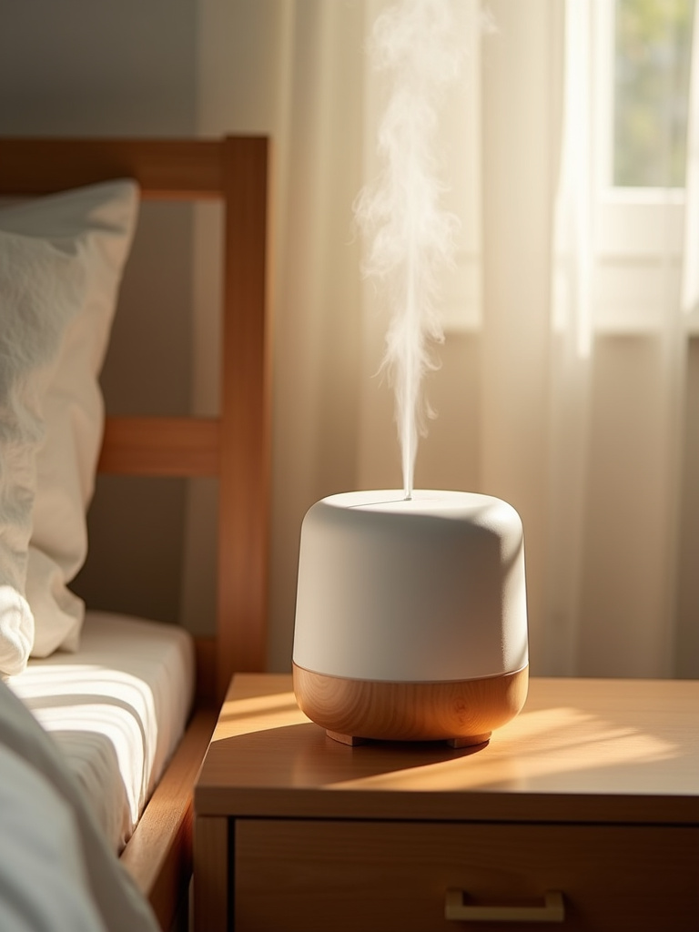 A minimalist side table showing a functional essential oil diffuser adding to the calming atmosphere in the room.