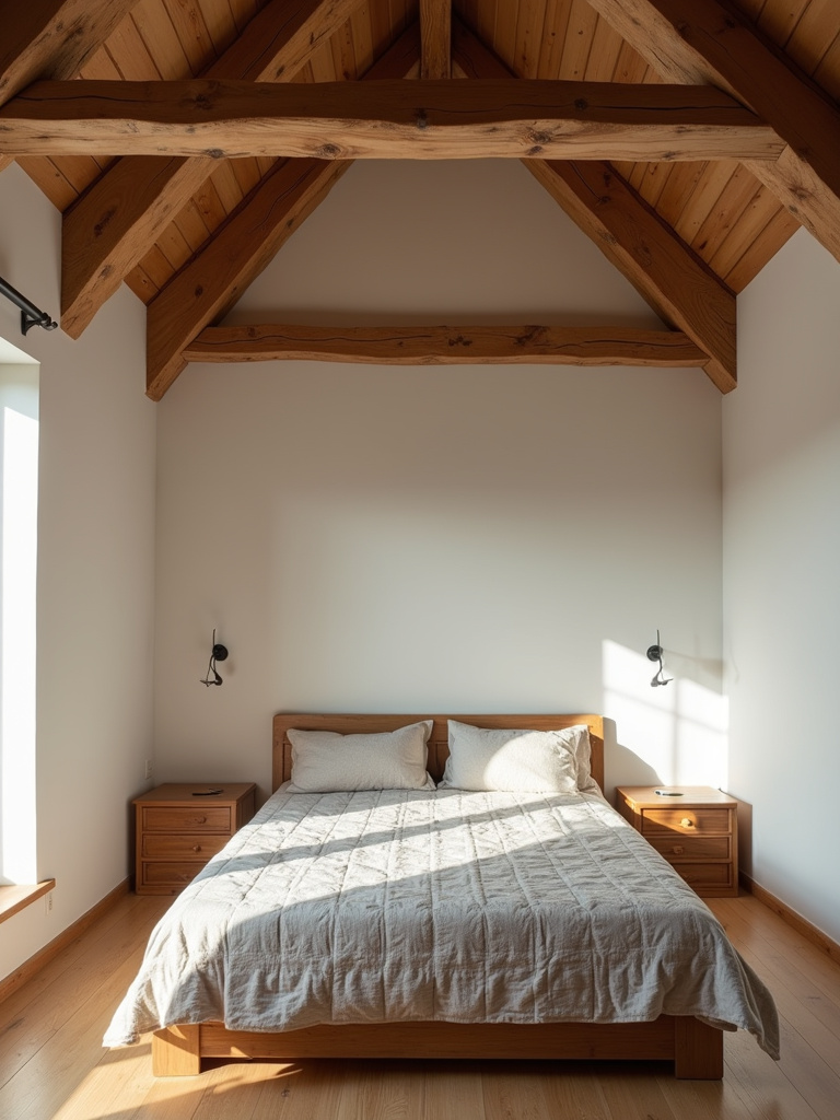 Rustic bedroom with exposed wooden beams on the ceiling.