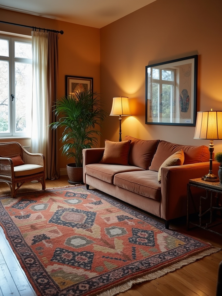 Bohemian living room featuring a patterned Moroccan rug and eclectic decor.
