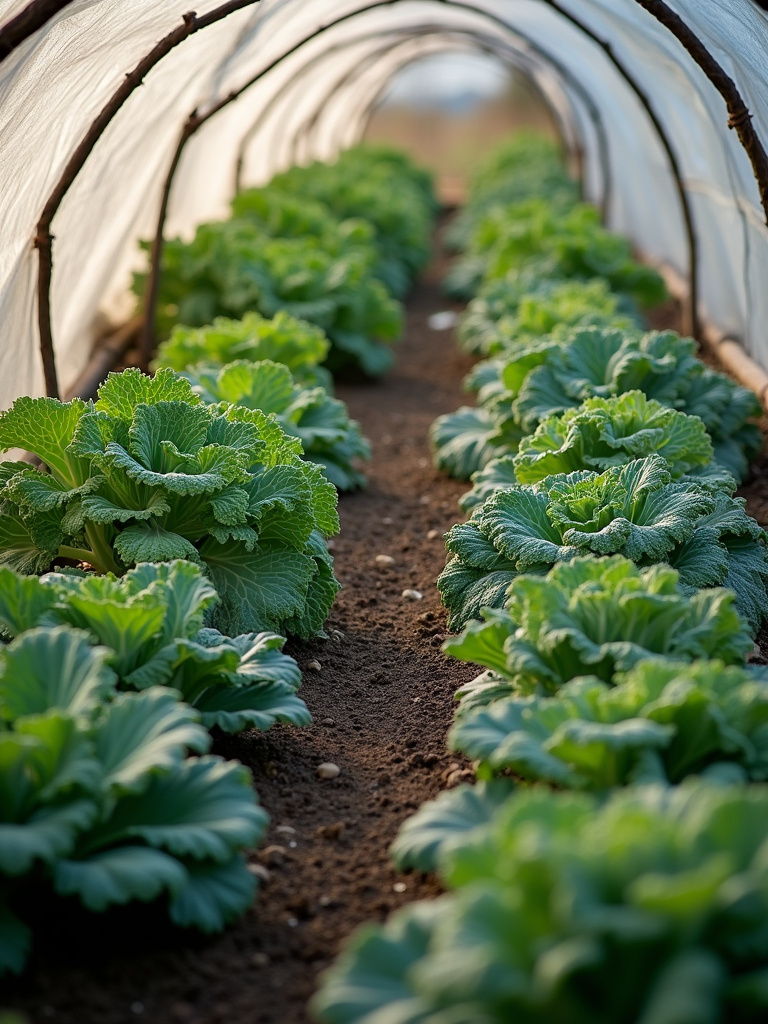Vegetable garden demonstrating season extension techniques, with row covers protecting early spring plants and mature fall vegetables ready for harvest.