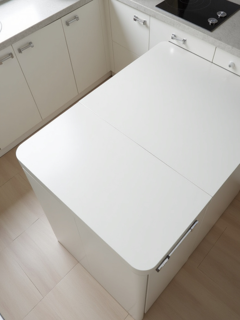 Extendable white lacquer kitchen table in a small minimalist apartment kitchen.