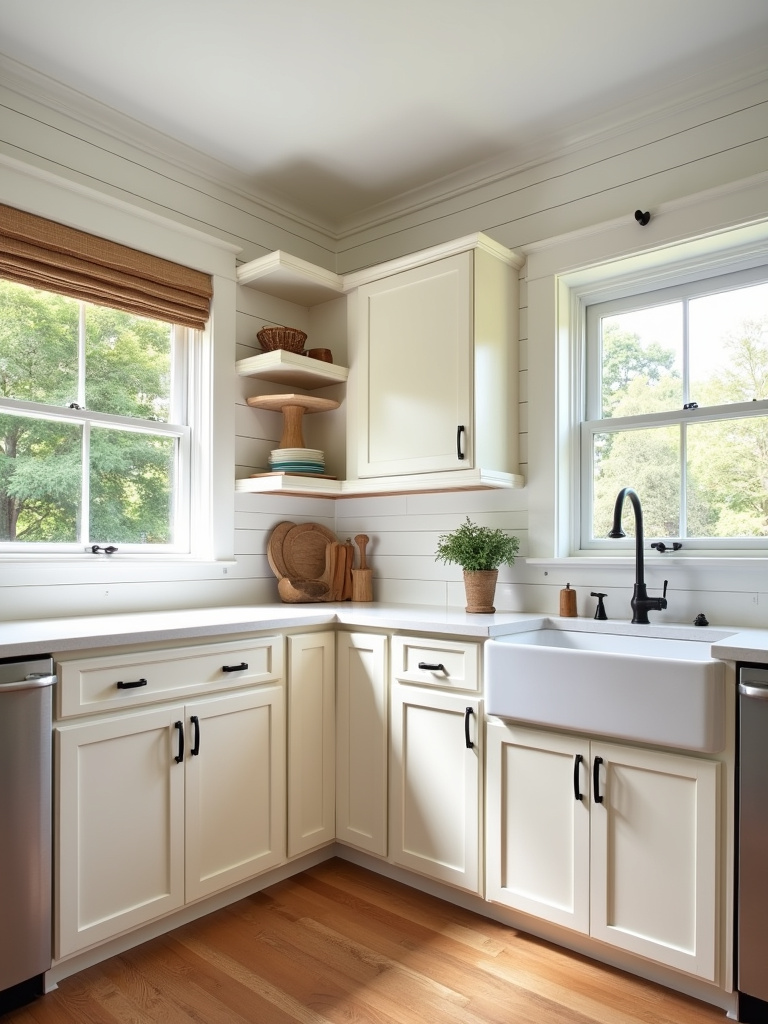 Bright farmhouse kitchen with creamy white cabinets and open shelving.