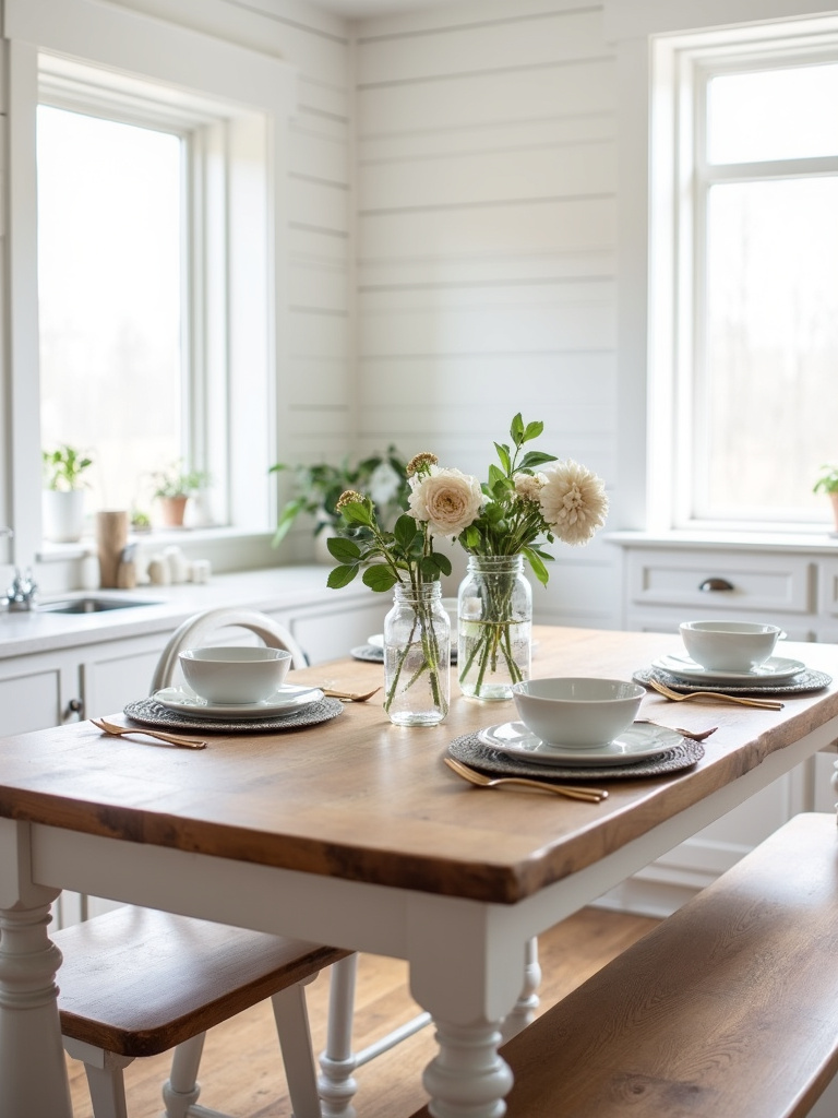 Farmhouse modern kitchen table with turned legs in a bright white farmhouse kitchen.