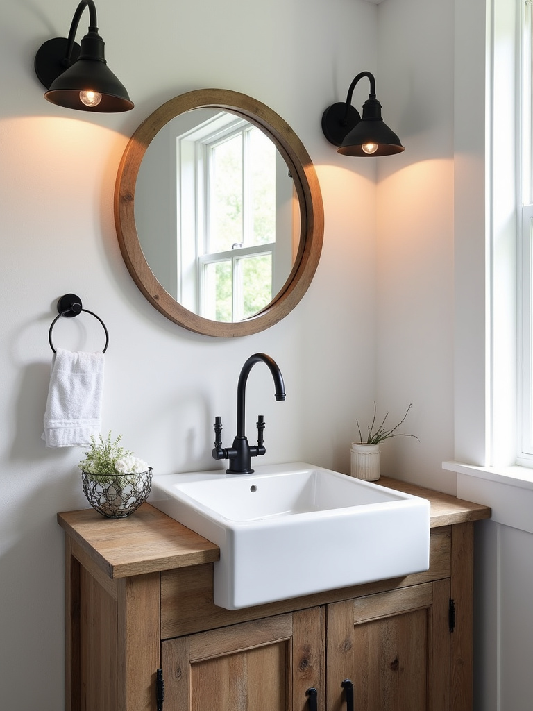 Farmhouse bathroom with barn lights flanking a round mirror above a wooden vanity.