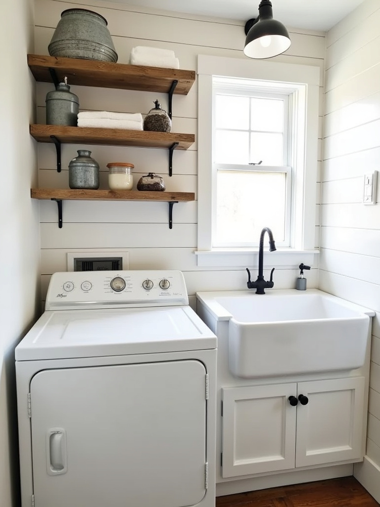 A farmhouse style laundry room with shiplap walls, an apron-front sink, and rustic wood shelving, exemplifying a charming and inviting design.