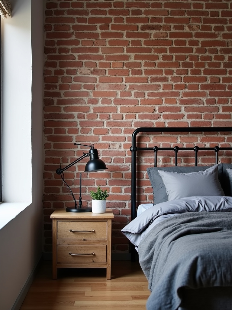 An industrial style bedroom that features faux exposed brick wallpaper, paired with a metal framed bed, gray bedding, an industrial lamp and a wooden crate nightstand all illuminated with soft diffused light.