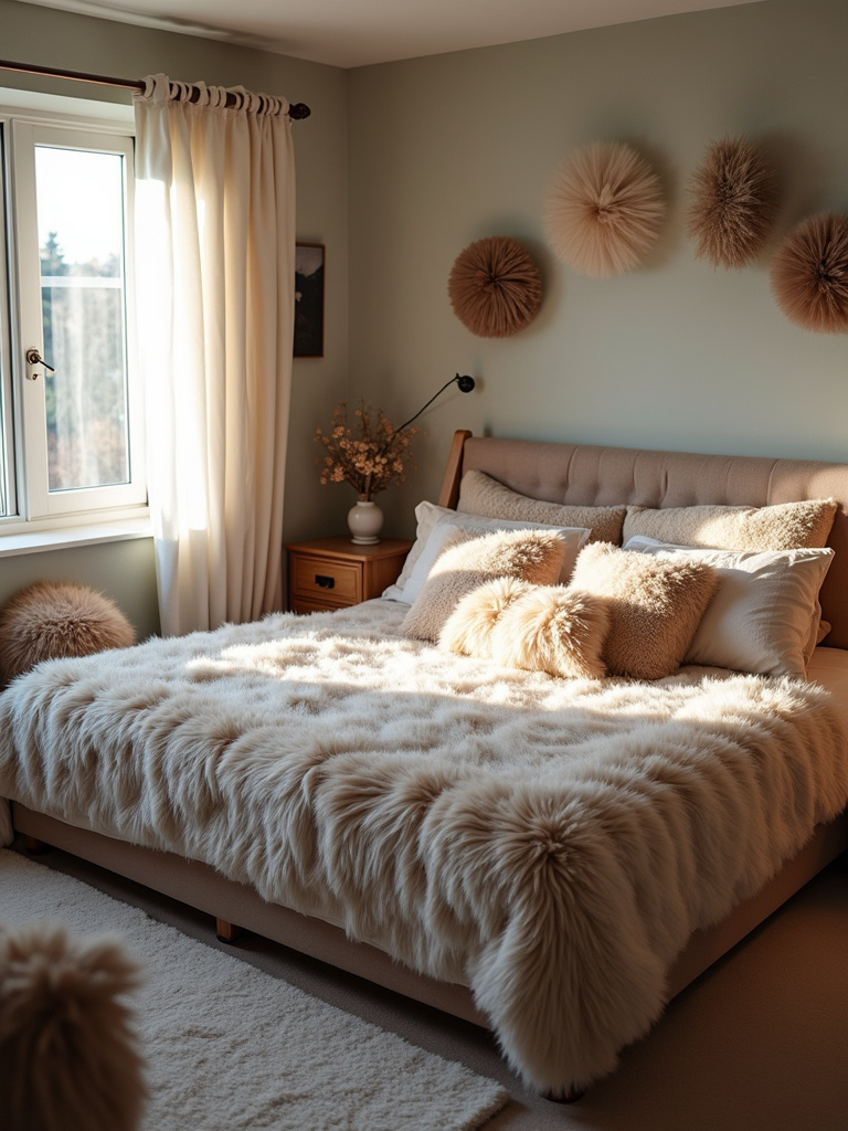Rustic bedroom with several faux fur accents.