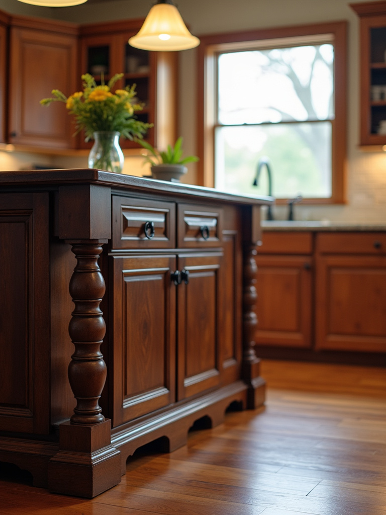 Traditional kitchen island with furniture-style legs and dark wood countertop.