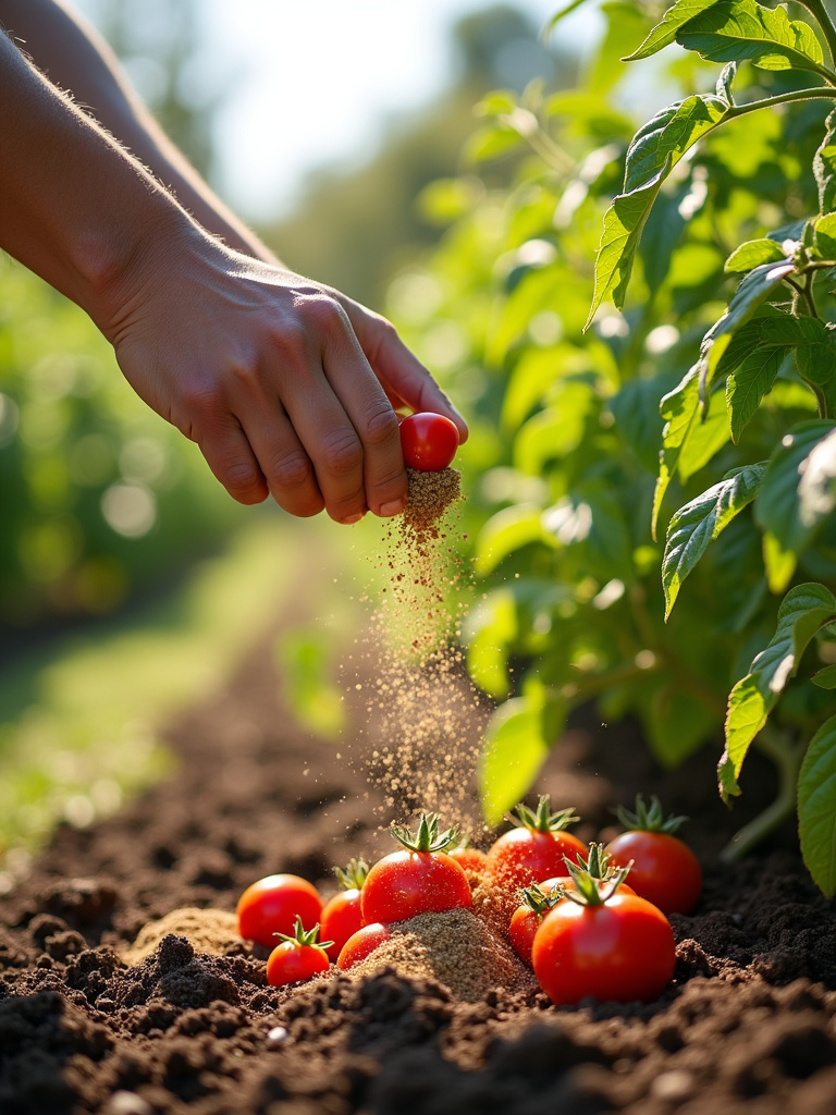 Gardener applying granular fertilizer around tomato plants in a garden bed, demonstrating the process of feeding vegetable plants.