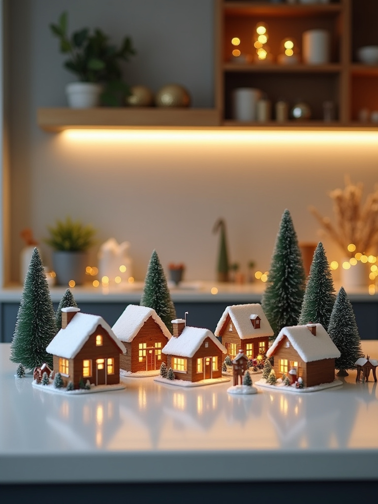 Miniature holiday village scene on a white quartz kitchen countertop in a softly lit kitchen.
