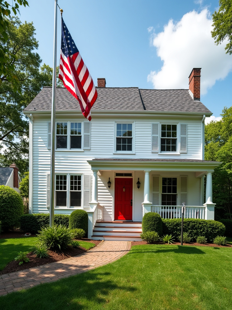 A colonial house with an American flag waving proudly near the red front door