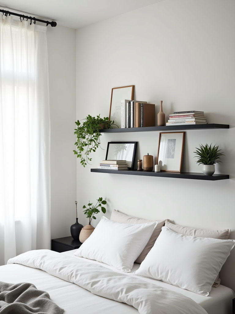 Floating black shelves for decor and book display in a minimalist bedroom.