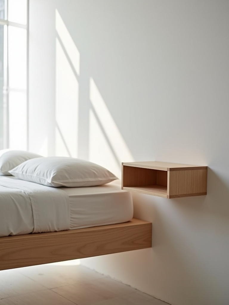 Minimalist bedroom setup with modern floating nightstands mounted on each side of the bed and clean lines.