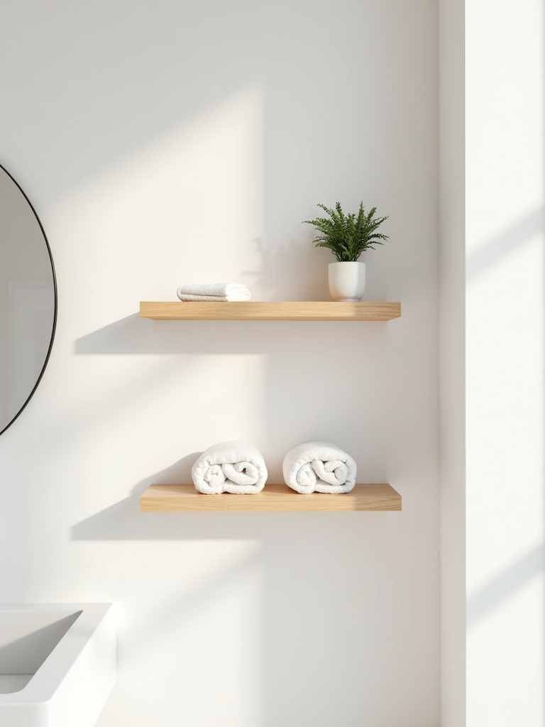 Minimalist bathroom featuring light wood floating shelves for visually light and airy storage.