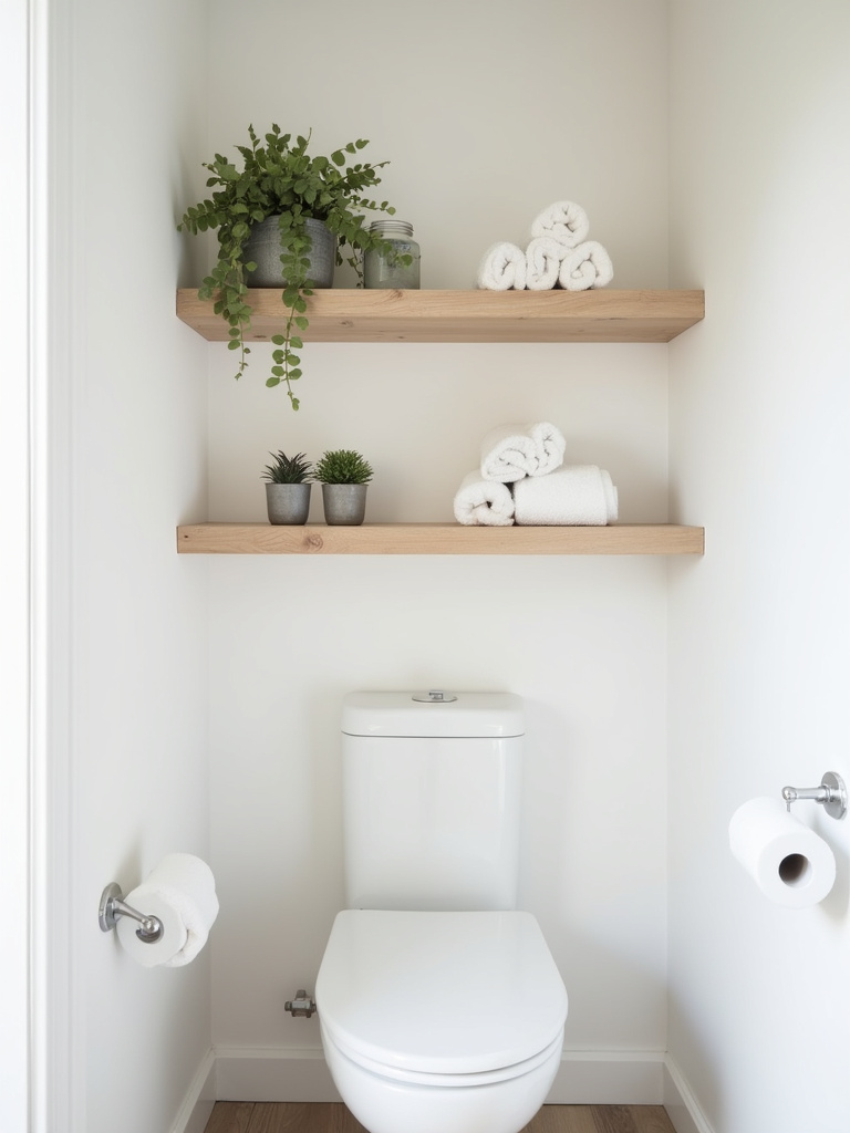 Minimalist Scandinavian bathroom with light wood floating shelves styled with towels, plants, and jars