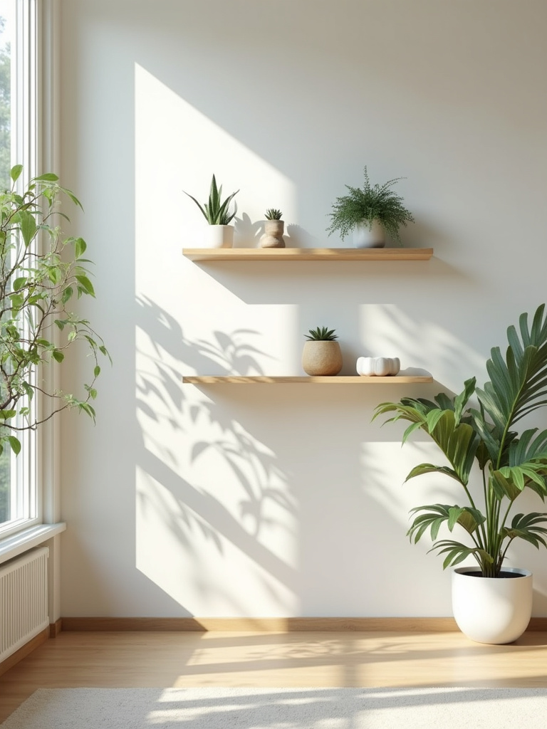 A modern living room featuring a set of floating shelves arranged symmetrically holding various indoor plants.