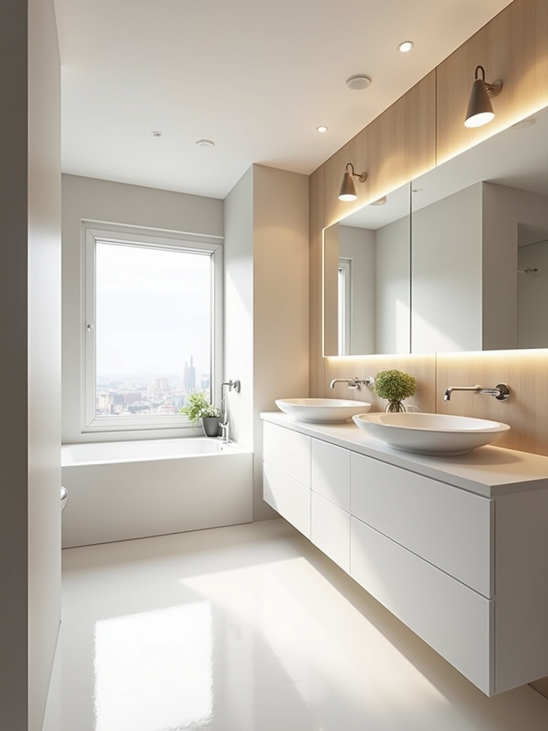 Modern minimalist bathroom featuring a white floating vanity with light wood accents and clean lines.