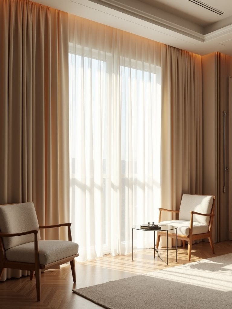 Floor-length light material curtains add an elegant and dramatic feel to a luxurious living room