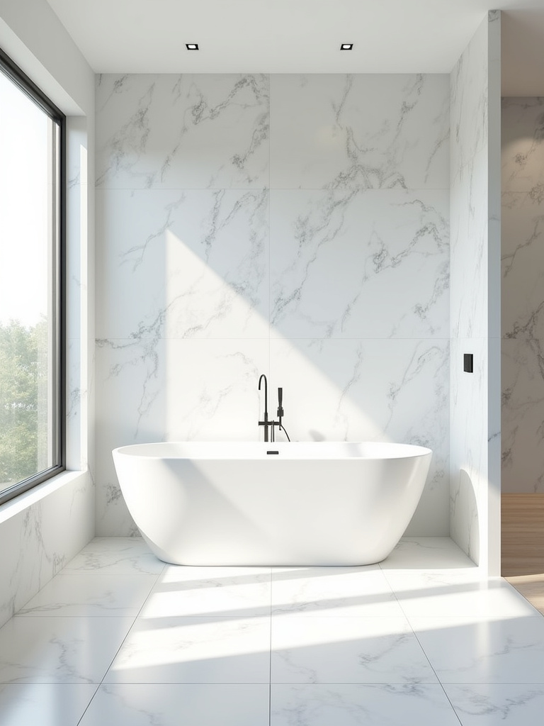 Luxurious bathroom with floor-to-ceiling white marble-look porcelain tiles and a freestanding bathtub.