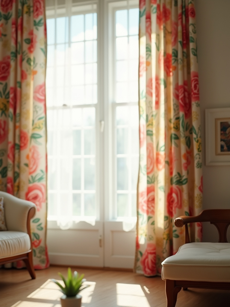 Colorful floral print curtains adding life to a living room