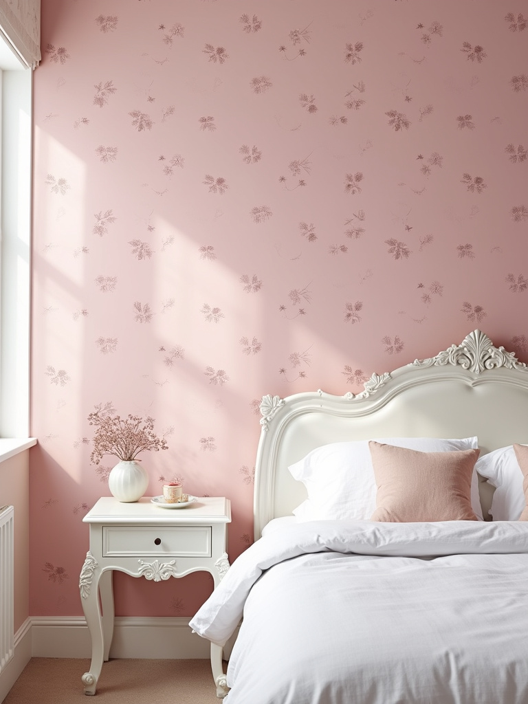 A romantic bedroom featuring a delicate pink floral wallpaper, complemented by white carved furniture and illuminated with soft natural light.