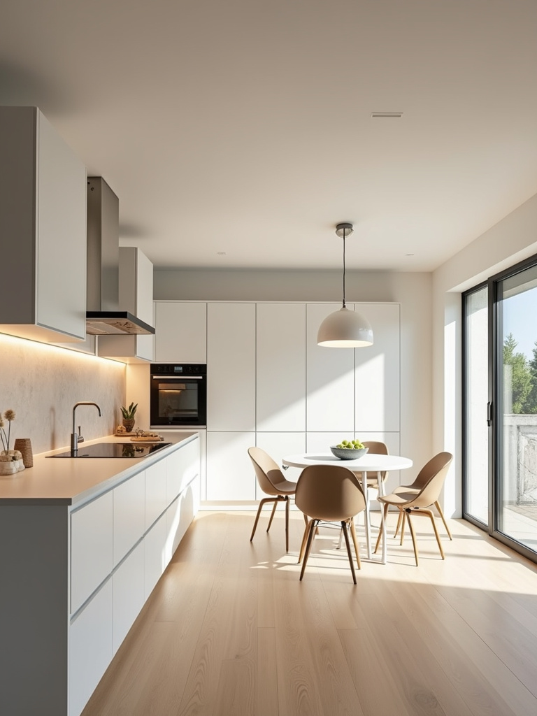 Modern kitchen with flush mount lighting fixture above the table.