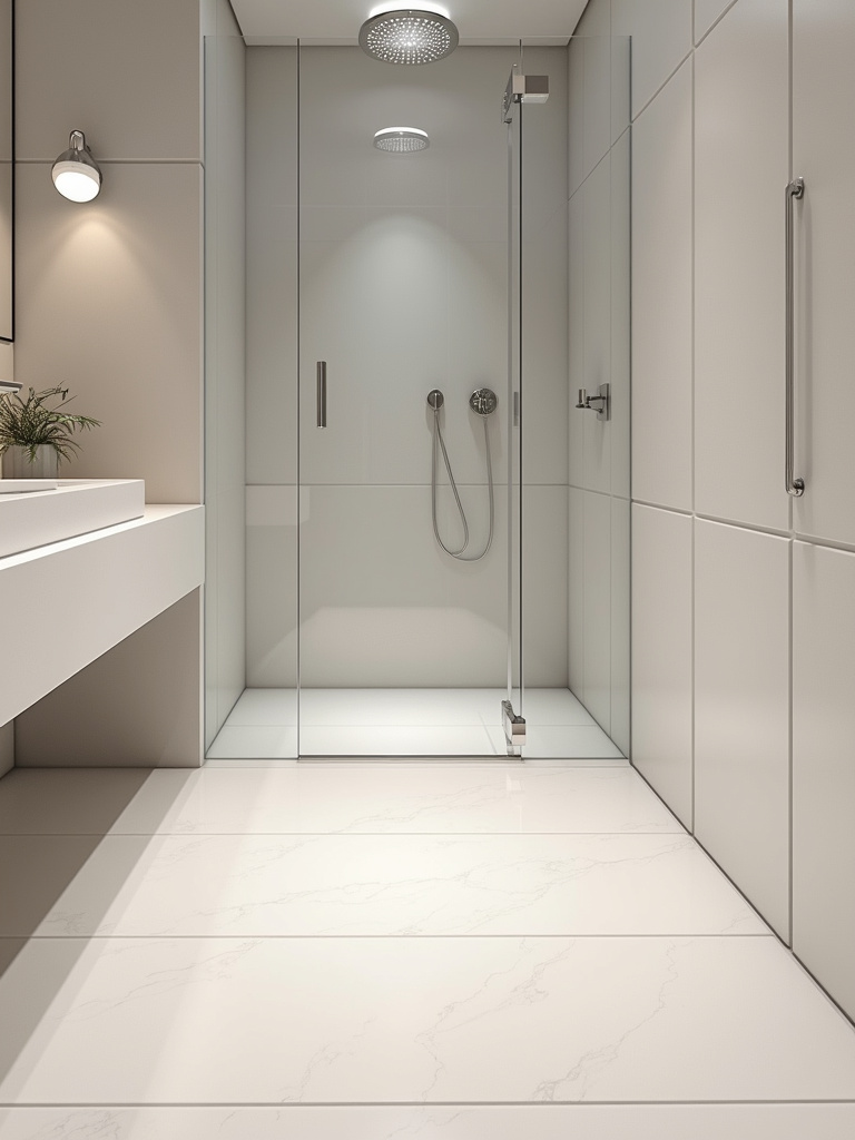 Minimalist bathroom showcasing high-quality materials like porcelain tiles and a solid surface countertop.