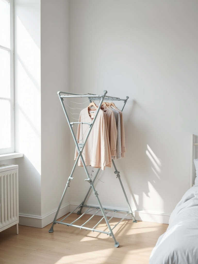 A minimalist bedroom showing a space saving foldable clothes drying rack placed neatly on the side.