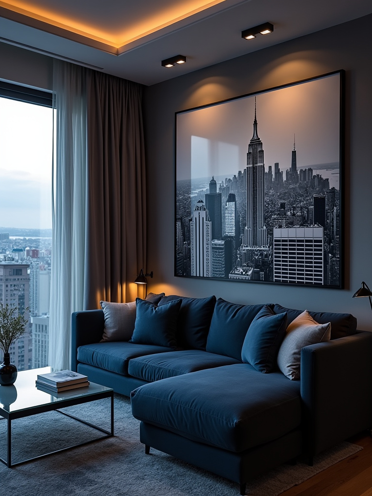 Modern apartment living room with a framed black and white cityscape photograph of New York City skyline above a dark blue sofa.