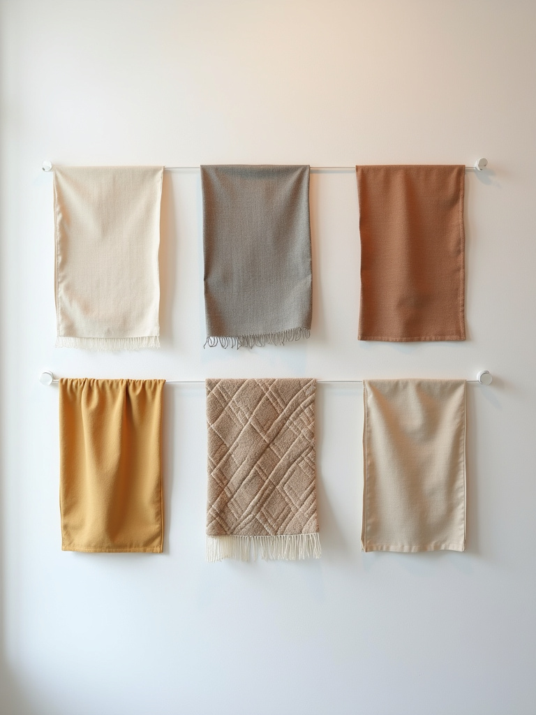 A set of framed textile art, with the textures and colours on full display with neutral white wall acting as backdrop.