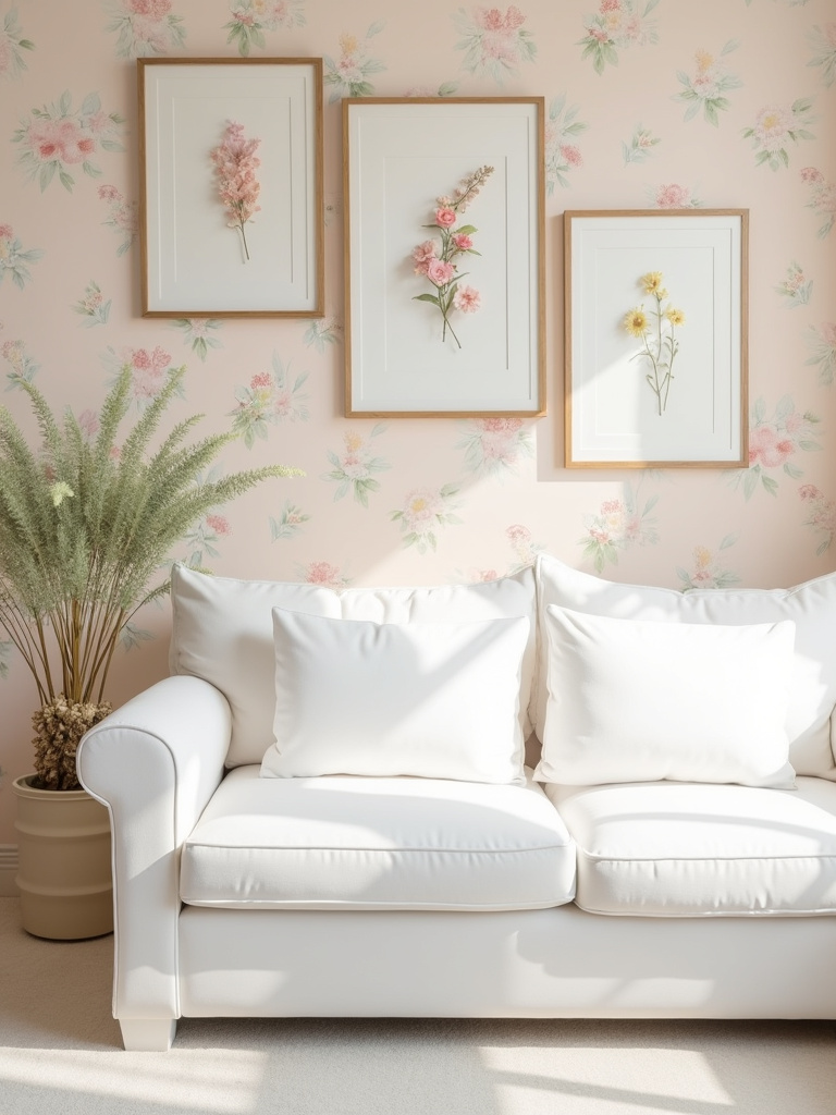 Bright feminine living room with framed pressed flower art in pastel colors above a white sofa and floral wallpaper.