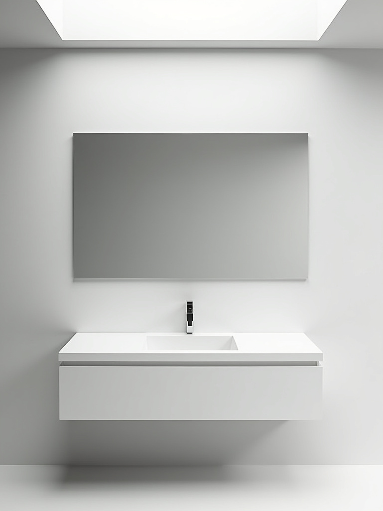Minimalist bathroom with a large frameless mirror above a white floating vanity, emphasizing clean lines.
