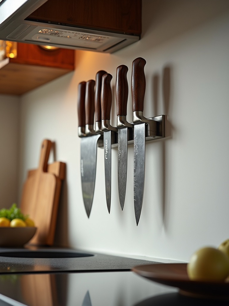 “Stainless steel magnetic knife strip mounted on a kitchen backsplash, holding kitchen knives with blades downwards, freeing up countertop space.”