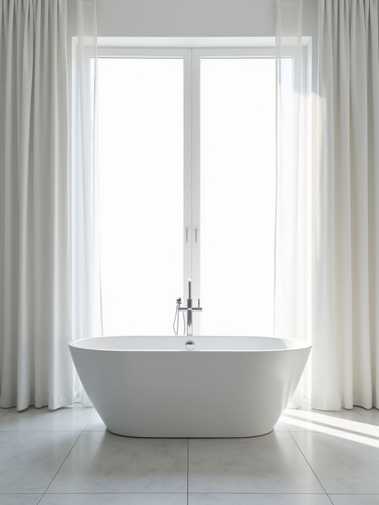 Minimalist bathroom featuring a white freestanding oval bathtub as a statement piece.