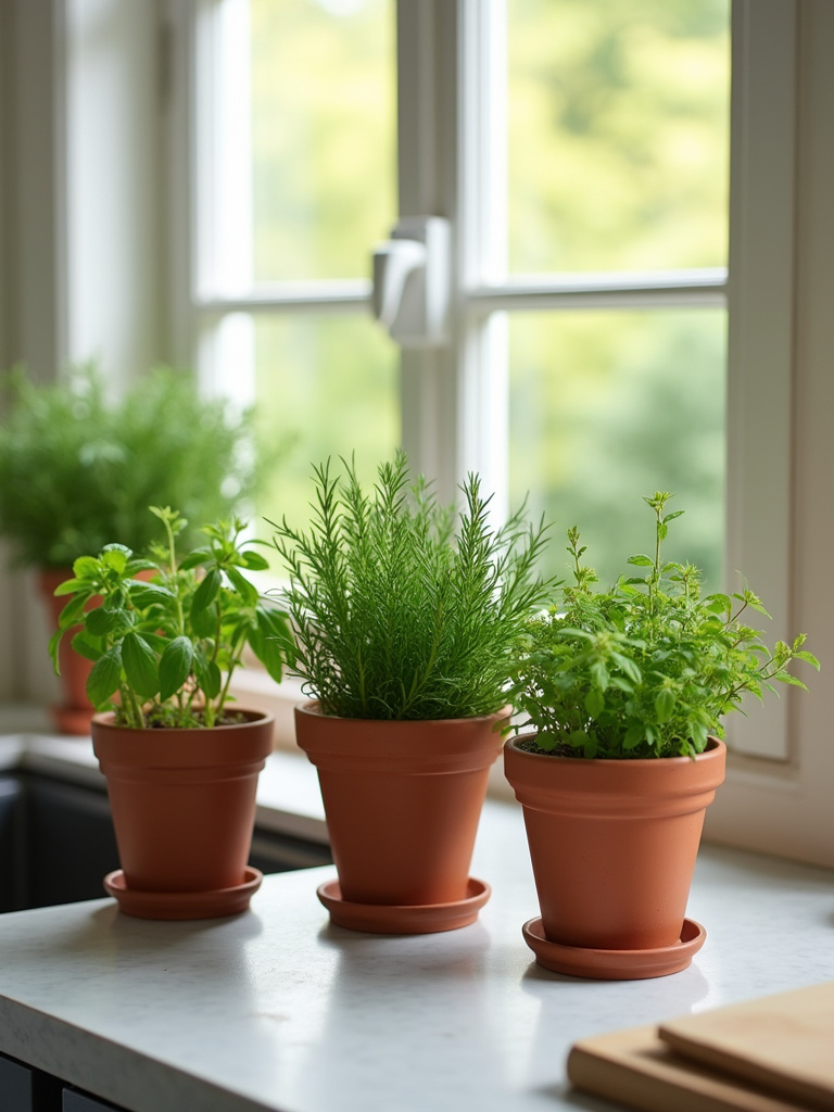 Terracotta pots with fresh herbs on a light grey kitchen countertop in a farmhouse style kitchen.