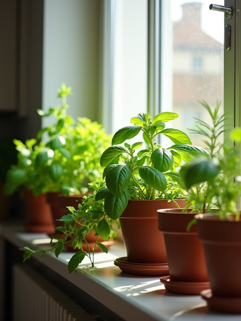 Apartment kitchen windowsill adorned with potted fresh herbs, bringing natural greenery and fragrance into the space