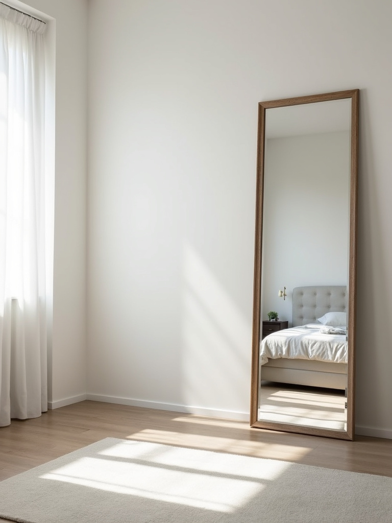 A well-lit, minimalist bedroom with a full-length mirror leaning against a wall, enhancing the room’s perceived space.