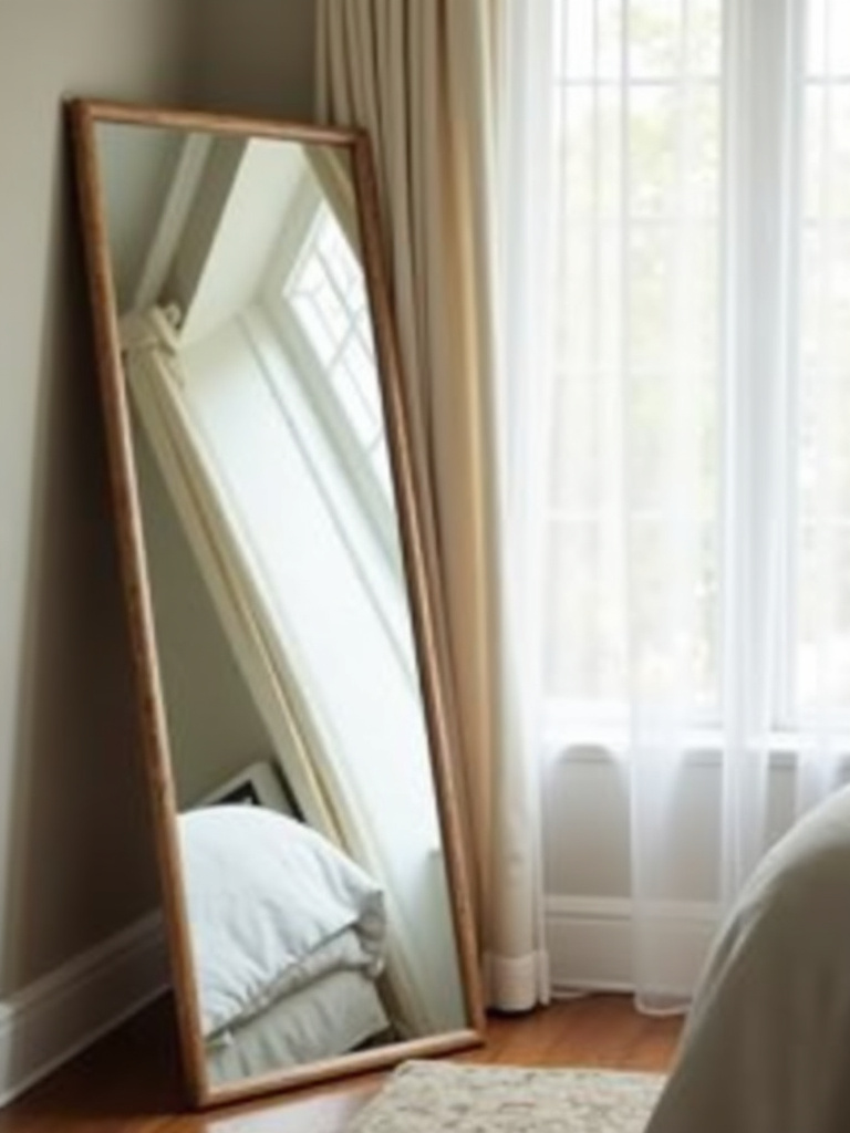 A full-length mirror adds depth and light to a master bedroom, leaning against the wall.