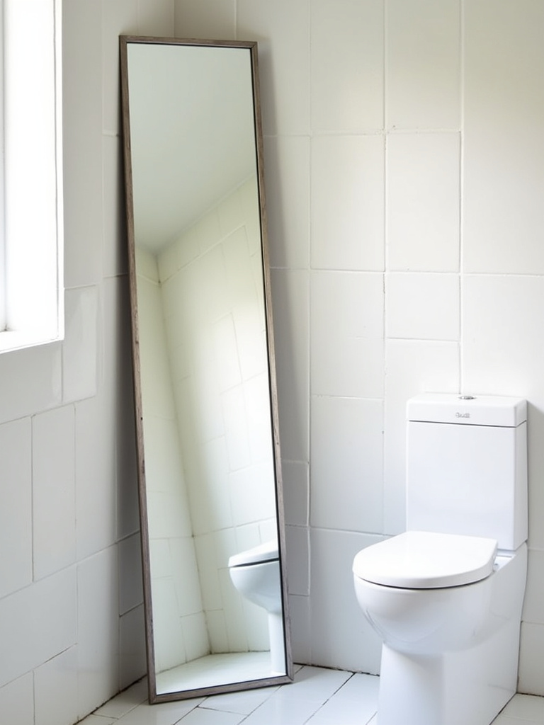 Small bathroom with a frameless full-length mirror leaning against the wall, enhancing the sense of space and light.