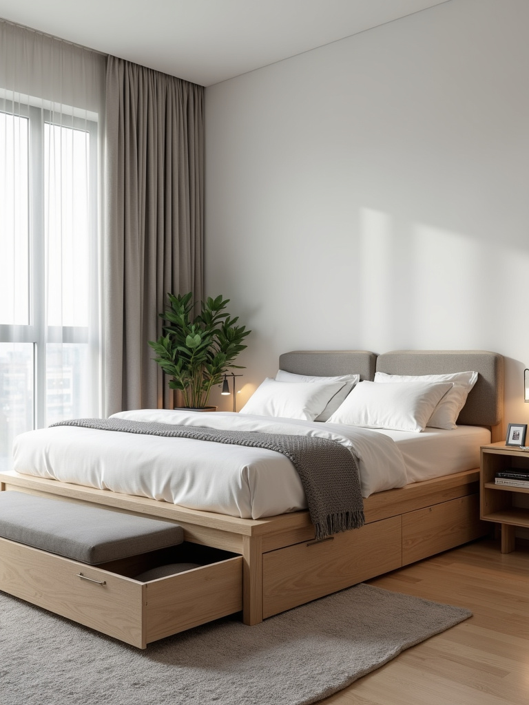 Modern bedroom with functional furniture including a storage platform bed and bench.