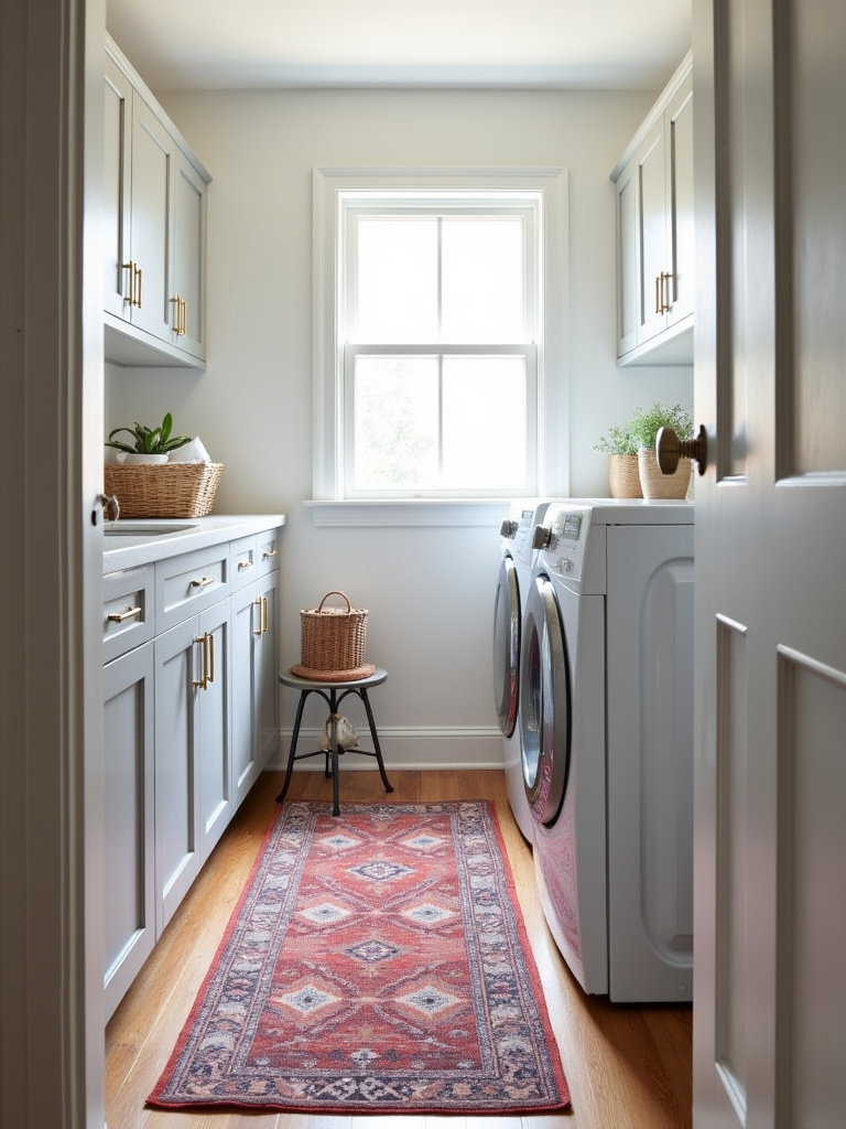 A laundry room featuring a colorful patterned runner rug, adding style and defining the walkway in front of the laundry appliances.