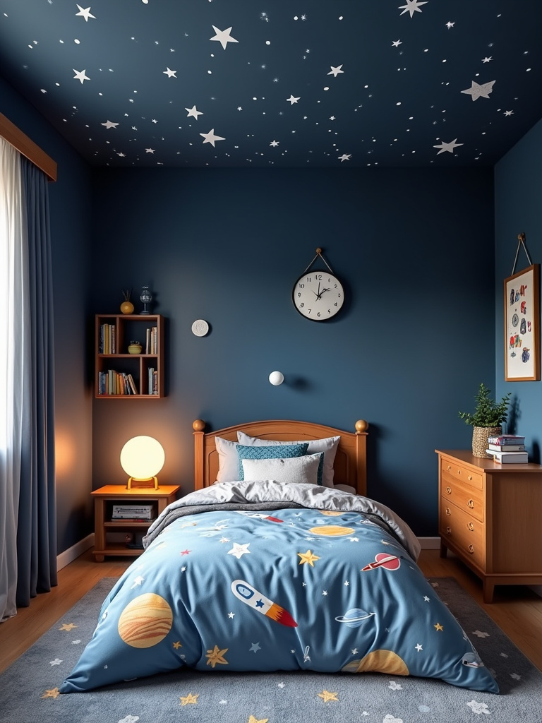 Space-themed kids bedroom with starry ceiling and rocket bookshelf.