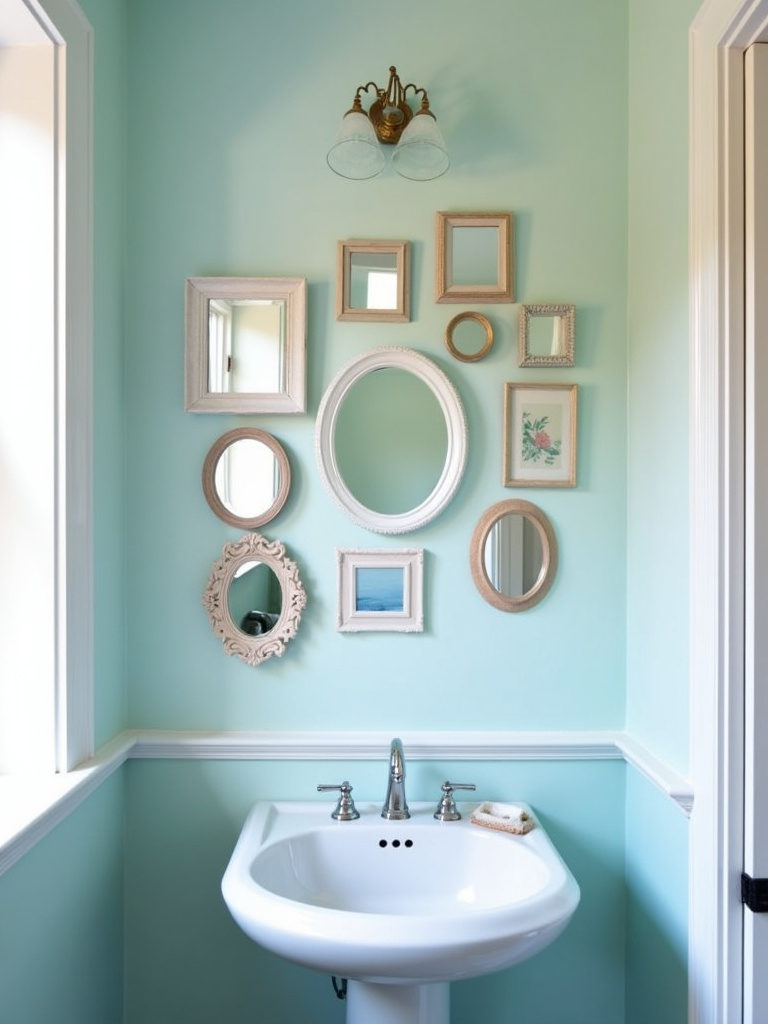 Bathroom featuring a gallery wall of assorted small mirrors above a pedestal sink.