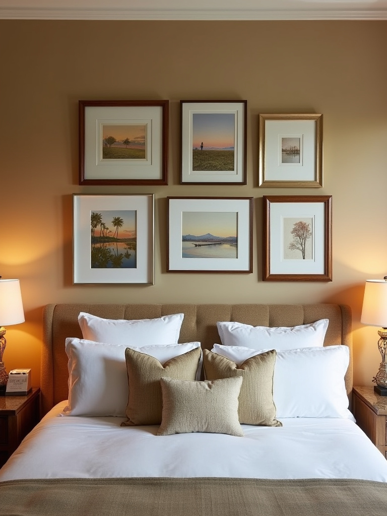 A gallery wall adds a unique touch with diverse artwork styles and frames in a master bedroom.