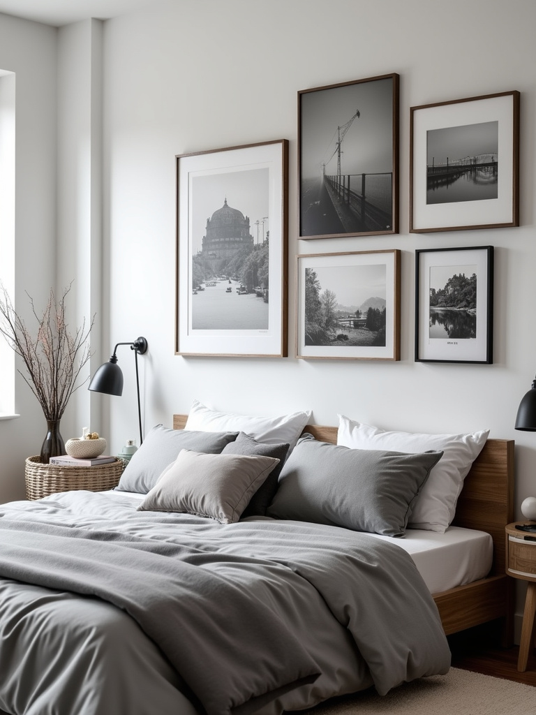 Black and white photography gallery wall in a modern bedroom.