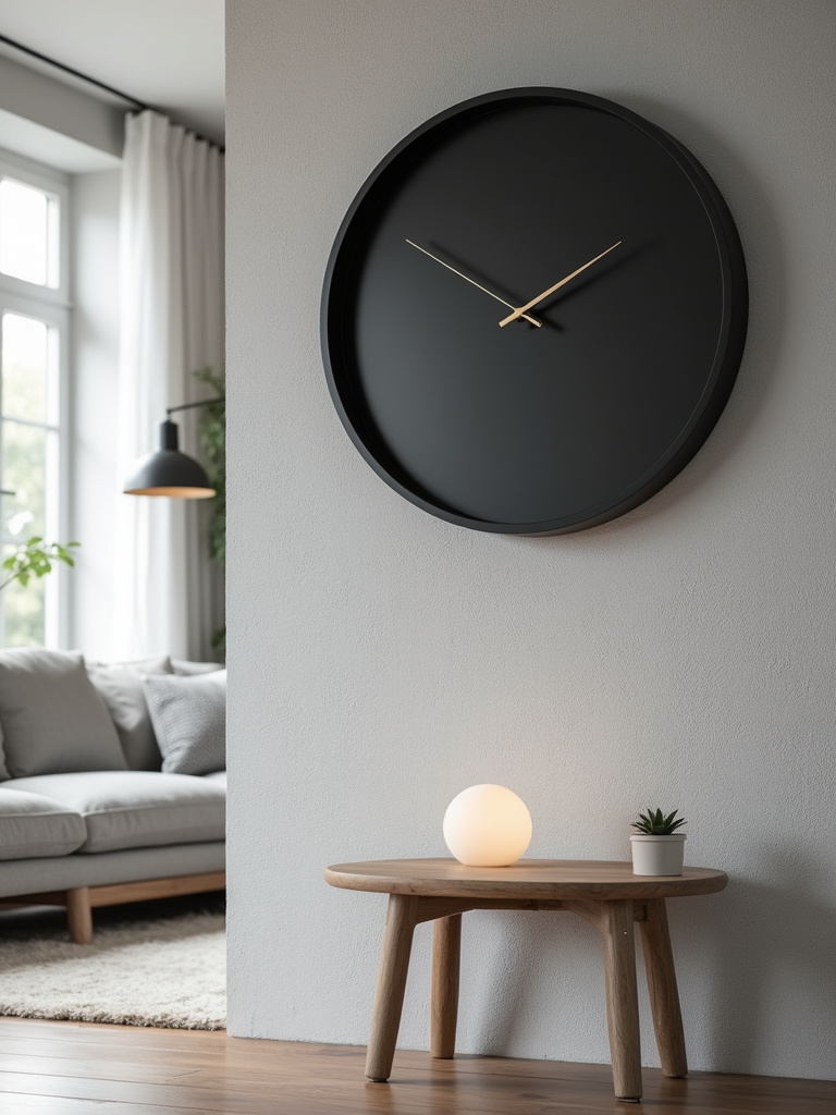 Modern living room with a black oversized wall clock serving as a focal point on a light grey textured wall