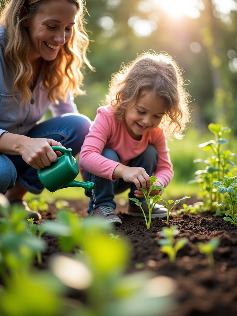 Child and adult gardening together in a vegetable garden, planting seedlings and watering plants, illustrating family gardening activities.