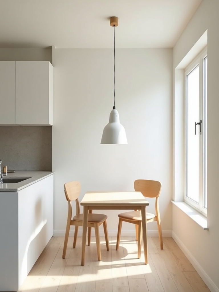 A well lit modern kitchen with a geometric style light above the table.