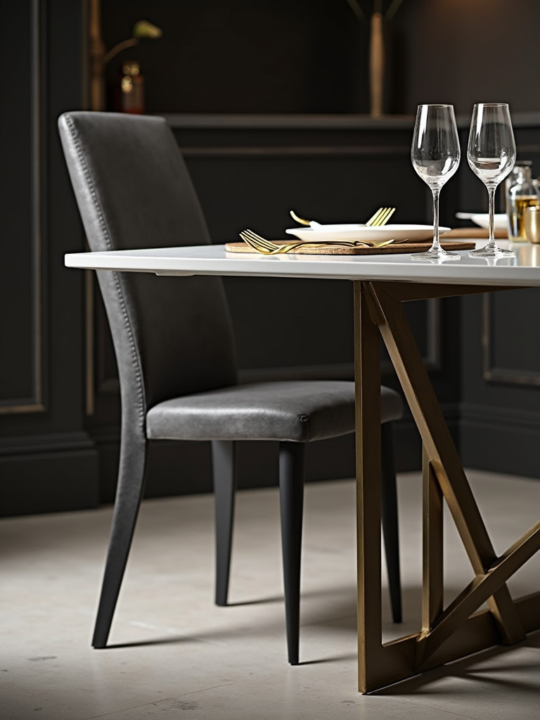 Geometric design kitchen table with intersecting metal legs and white tabletop in a modern art-deco kitchen.